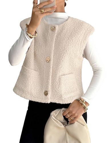 GORGLITTER Damen Weste Elegant Teddyweste mit Metall Knopf Ärmellos Teddymantel mit Taschen Rundhals Wärmeweste Fleeceweste Herbst Outfit Aprikosenfarben L