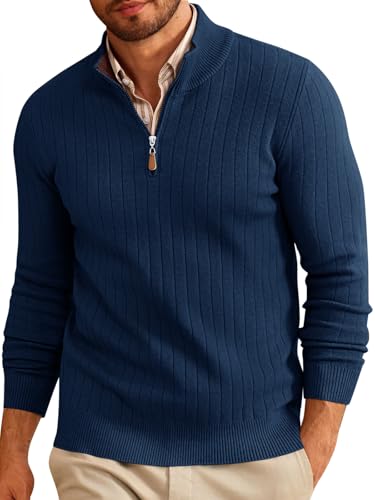 Runcati Mens Quarter Zip Sweater Mock Neck Casual Ribbed Knit Pullover Fall Lightweight Polo Sweaters