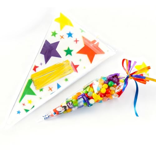 100 peças sacos transparentes para chuches, cones de celofane com estrelas e 100 peças dourados, sacos pequenos sacos Celofan carros embrulho de presentes, bolachas, lanches de festa e golosinas
