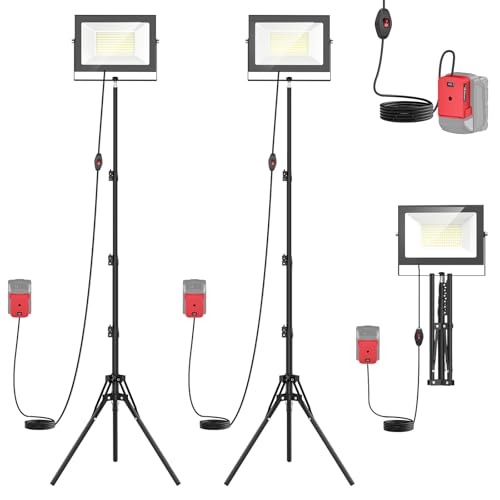 LIVOWALNY 200W LED Work Lights with Stand Compatible with Milwaukee Battery 2PCS 20000LM Portable Tower Light IP66 Waterproof with 13FT Cord Foldable Tripod Floodlight Garage Job Site(Tool Only)