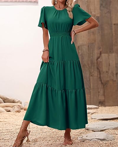 Image of PRETTYGARDEN Women's Casual Smocked Boho Floral A-Line Maxi Dress 2026 | Summer Short Flutter Sleeve Crewneck Tiered Long Sundress,Fall Wedding Guest Dresses,Spring Cute Flowy Beach Vacation Clothes