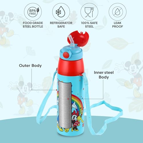 Image of CELLO Kidzbee Series Orb 400 Inner Steel Insulated Water Bottle, 380ml, Light Blue | 3D Touch & Feel Mickey Family Design | Leakproof Flip Top Spout, Easy to Carry | Cold Water Bottle for Kids School