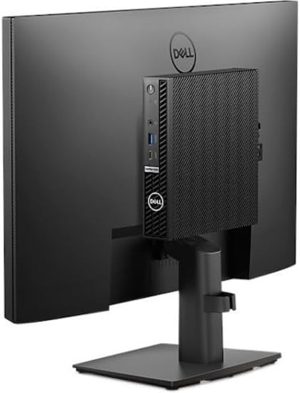 Dell OptiPlex 5000 Micro PC mounted on the back of a monitor stand, showing its compact size and integration capabilities.