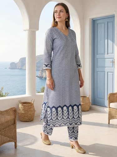 Image of INDO ERA Women's Pure Cotton Chevron Printed Straight Kurta & Pant Set | Kurta Set For Women