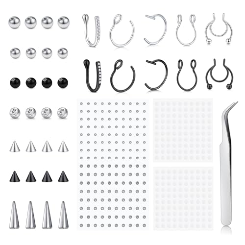 QWALIT Fake Piercings: Nose Ring Septum Lip Ball Spikes Labret Stud Nose Stud Stick-on Eyebrow Snake Bites - Silver Black