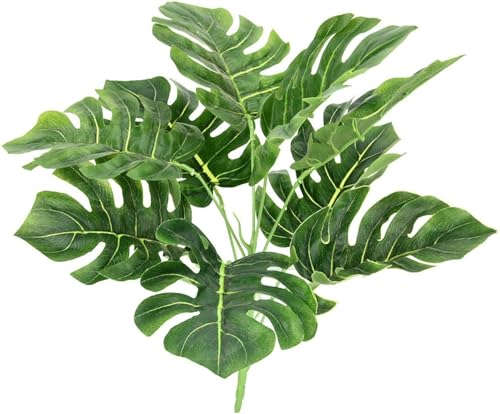 Image of Dekorly Plastic Artificial Palm Plants - Faux Turtle Leaf, Fake Monstera Tropical Large Palm Tree Leaves for Outdoor UV Imitation Decorations | 9 Leaves | 15 Inches (Only One Stick, Green)