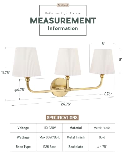 Image of 3-Light Brushed Gold Bathroom Vanity Light, Pleated Fabric Shade