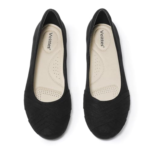 Veittes Women's Wide Width Flat Shoes, Comfortable Casual Round Toe Classy Design Ballet Flats.