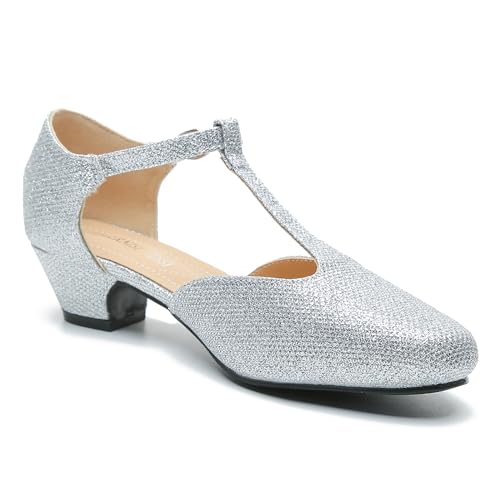 Image of MAIERNISI JESSI Women's T-Strap Mary Jane Pumps, Low Block Heel, Closed Toe, Buckle Ankle Strap