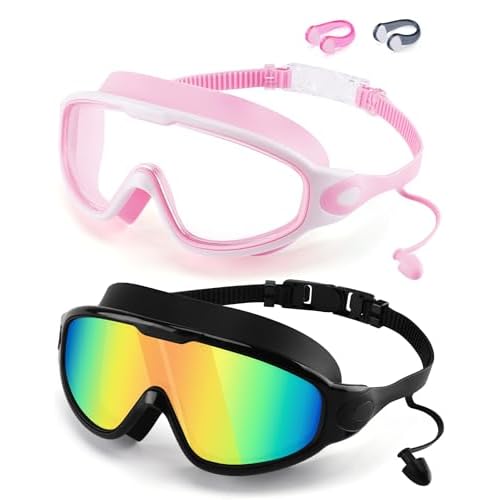 WIN.MAX Swimming Goggles 2 Pack Anti Fog Anti UV Clear View for Men Women Boys Girls,Swim Goggles for Adults Youth Kids 4-14 Adult-all Black Mirror Gold Lens&whitepink Clear Lens