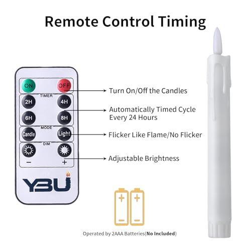 Image of YBU Flameless Taper Candles with Remote 7 Inches Led Candle Sticks with Flickering Light Timer Dimmer Battery Operated Window Candles for Halloween Christmas Decoration 6 Pcs, White