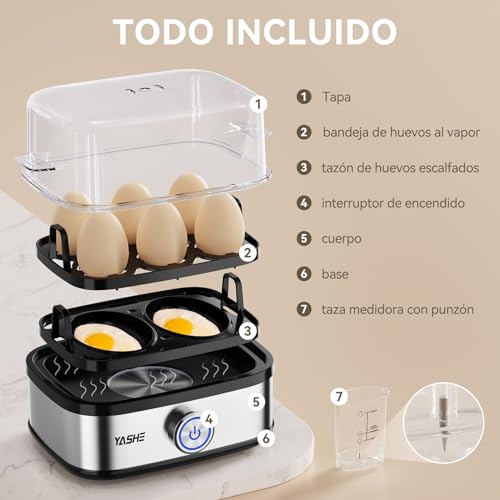 YASHE Cocedor de Huevos, 400 W Cocedor huevos multifuncional, 6 huevos fáciles de pelar, huevos blandos, medianos, duros, pochados, fabricante de tortillas, vaporera, zumbador, luz indicadora - imagen 3