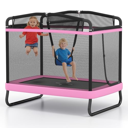 Image of GYMAX Trampoline for Kids, 70” Toddler Rebounder with Detachable Swing, Horizontal Bar & All-Round Enclosure Net, ASTM Approved Rectangle Kids Trampoline for Indoor/Outdoor