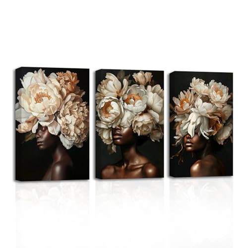SWQYLB African American Canvas Wall Art 3 Pieces Whiter Flowers on Black Women Head Picture Abstract Black Girl Art Prints for Girl Room Decor Framed (12.00" x 16.00" x 3PCS)