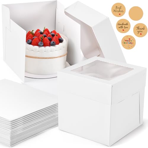 DOYIDE 25Pcs 8x8x8 Inch Cake Boxes, White Bakery Boxes with Window, Square Disposable Cake Containers Package for Cookies Pies Bake Decorating Supplies Cupcakes Cajas Pasteles (15 Pcs Stickers) by DOYIDE - Used condition - US$21.23