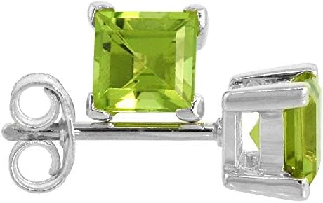 Sterling Silver 5 mm Princess Cut Genuine Peridot Stud Earrings 4 prong Basket Setting 3/4 Carat size Stones