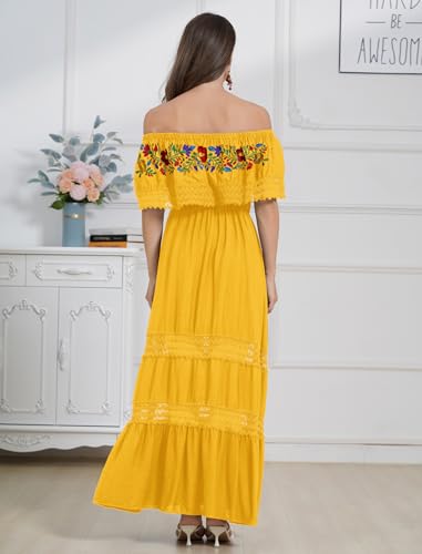 Image of ABEHIK Mexican Dress for Women Traditional Off Shoulder Embroidered Present Casual Lace Long Maxi Dress Cinco de Mayo Outfit