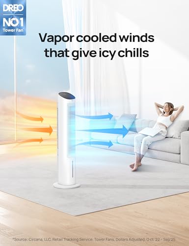 Image of DREO Evaporative Air Swamp Cooler, 40 inch Standing Fans that Blow Cold Air, 80 Oscillating Bladeless Cooling Fan for Bedroom, Removable Water Tank, Ice Packs, Remote Control, 4 Speeds, 7H Timer, White