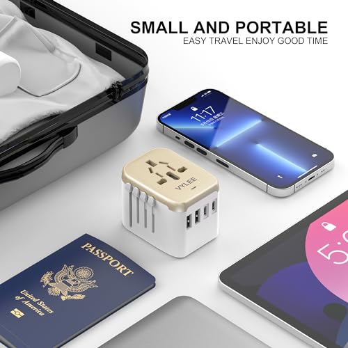 Image of VYLEE Universal International Power Travel Plug Adapter, 5 in 1 European Travel Plug Adapter W / 3.5A 2xUSB-A and 2xUSB C Wall Charger and Worldwide AC Outlet for Europe USA UK AUS Asia (White Gold)