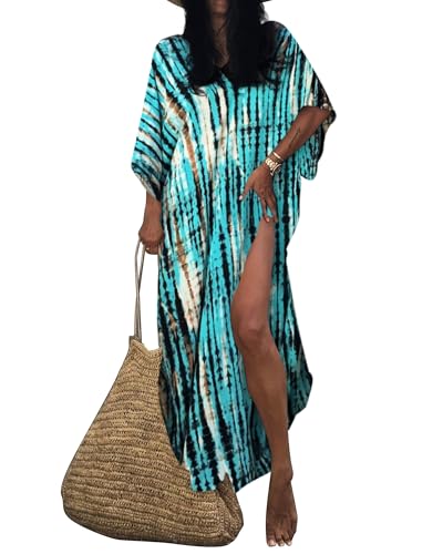 Bsubseach Women Blue Print Beach Kaftan Dress Half Sleeve Plus Size Bathing Suit Cover Ups
