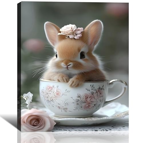 Large Bunny in a Teacup Easter Framed Canvas Wall Art,