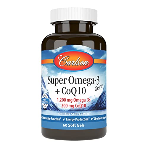 Carlson - Super Omega-3 Gems + CoQ10, 1200 mg Omega-3s 200 mg CoQ10, Circulation Function, Energy Production & Circulatory Support, 60 Softgels