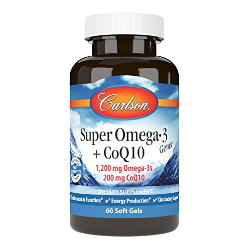 coq10 omega - Carlson - Super Omega-3 Gems + CoQ10, 1200 mg Omega-3s 200 mg CoQ10, Circulation Function, Energy Production & Circulatory Support, 60 Softgels