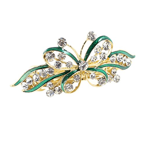 uxcell Gold Tone Green Butterfly Detail Bling Rhinestone Hair Barrette Clip