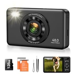Digital Camera with 128GB SD Card Autofocus 48MP 2.7K Cameras for Photography 16X Digital Zoom Anti Shake 2 Batteries Kids Camera for Beginner Boys Girls Teens Gift-Black