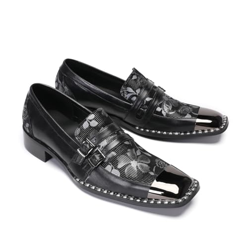 Men's Dress Loafers Slip on Patent Leather Loafers Floral Print Pattern with Buckle Square Toe Metal Toe Cap Western Wedding Party Shoes4