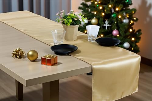 MDS Pack of 10 Satin Table Runners 12 x 108 Inch Long Wedding Sateen Bright Silk Smooth Table Runner for Wedding Reception Birthday Graduation Party Event Banquet Dinner Decoration - Champagne Gold