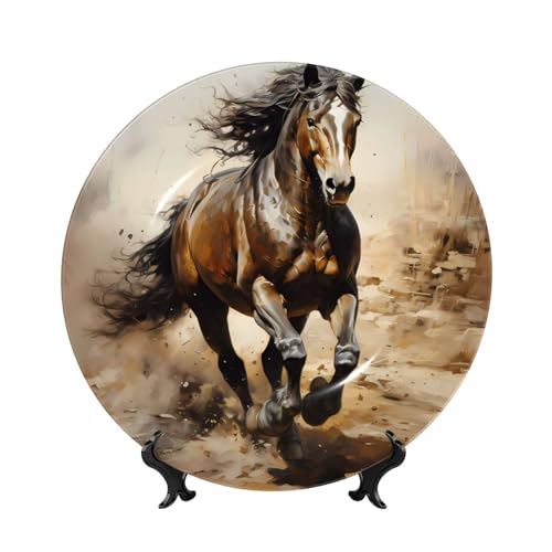 PHAYAH Platos decorativos de porcelana china con soporte, diseño de caballo occidental, placa redonda para cocina, comedor, gabinete de vino, decoración del hogar, 6 pulgadas