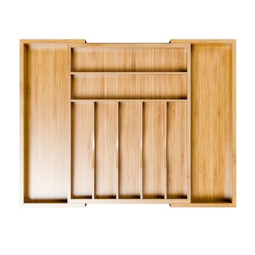Simple Trending Expandable Bamboo Kitchen Drawer Organizer, Natural | Adjustable Silverware Organizer with 9 Compartments, Practical Utensil Cutlery Tray for Flatware, Flexible Storage