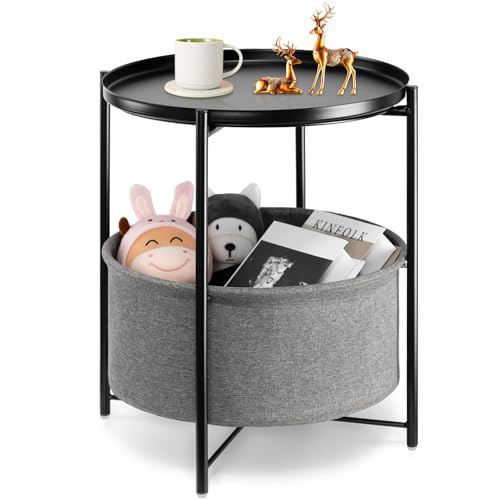 Image of danpinera Round Side Table with Fabric Storage Basket, Metal Side Table Small Bedside Nightstand with Removable Tray Top for Living Room, Bedroom, Nursery, Laundry, Black
