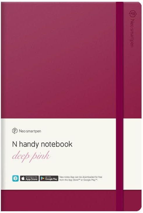 N Handy Notebook with Hard Leather Cover, 150 Ruled Pages, 112mm x 185mm (Deep Pink) - Compatible with M1, N2, M1+ Smartpens