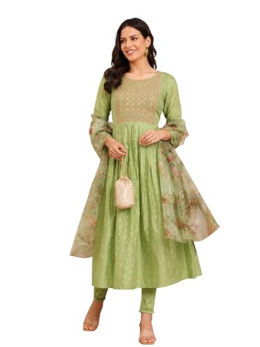 Image of Women's Chanderi Kurta with Legging and Dupatta | Modern & Traditional Blend Ethnic Wear Set | Festive & Casual Summer Kurti with Pants for Party Office & Ethnic Occasions