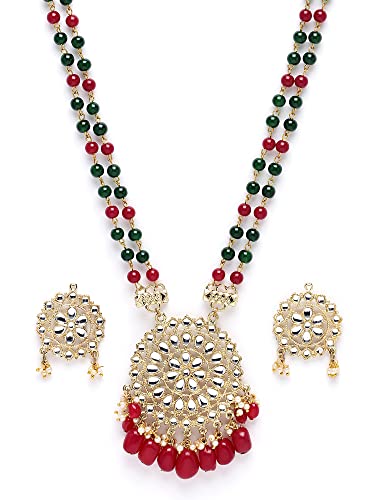 Image of Karatcart Red & Green Beaded Long Kundan Rani Haar Necklace Set for Women