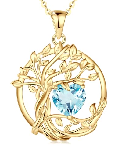FANCIME Aquamarine March Birthstone Necklace Sterling Silver Tree of life