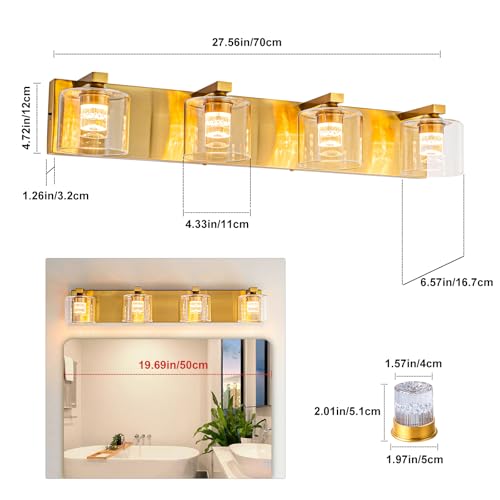 Image of foucasal LED Bathroom Vanity Lights, 5CCT Dimmable 2700K-4500K Vanity Light Fixtures Over Mirror, Modern Vanity Lighting for Bathroom Restroom Hallway Living Room (Brass, 4-Light)
