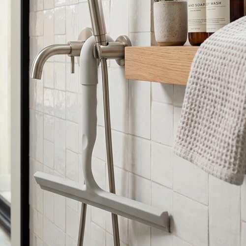 Image of Shower Squeegee for Glass Doors, 10-Inch Silicone, Fishtail Type Hook, Grey | One-piece Silicone, Fishtail Hook, Non-slip Grip and Quiet Glide for Shower Glass, Tile, Mirrors, Windows and Car Glass