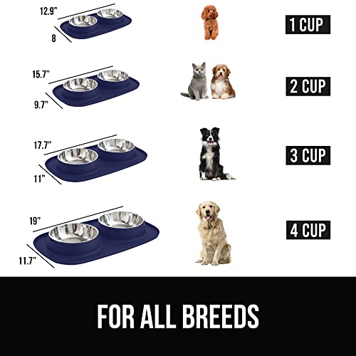 Gorilla Grip Slip Resistant Pet Bowls And Silicone Feeding Mat Set, Catch Water And Food Mess, Raised Edges For No Spills, Stainless Steel Cat And Dog Dish Bowl For Small And Large Pets, 1 Cup, Navy #TOP5