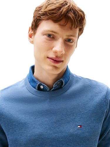 Tommy Hilfiger Herren Cotton Solid Crewneck Sweater Lightweight, Available in Big & Tall Pullover, Petrol Blue Heather, L – Ansicht 2