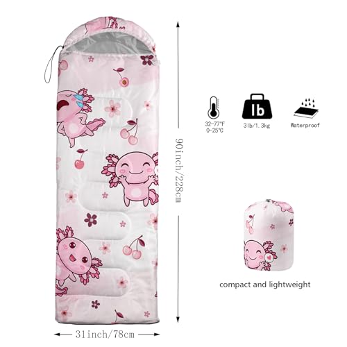 Image of QOOMO Axolotl Cute Camping Sleeping Bags,3 Season Warm & Cool Weather,Lightweight,Waterproof Sleeping Bags for Adults & Kids,Traveling,and Outdoors