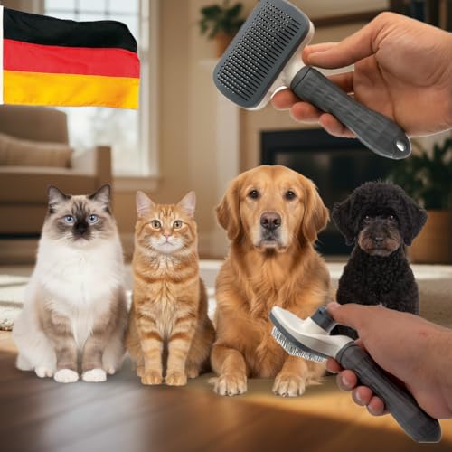 Haustier Hundebürste Katzenbürste Grau – Selbstreinigende Bürste für Hunde & Katzen, Fellpflege Bürste für Langhaar & Kurzhaar, Ein-Knopf Reinigung, Entfernt Lose Haare & Macht Fell Glänzend