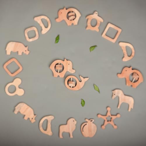 Image of Natural Neem Wood Baby Teether - Handmade Animal Shape Wooden Toy - Non-Toxic, Organic Chew Aid for Teething - Safe for Gums - Biodegradable, Eco-Friendly Gift for Infants & Toddlers (2, Neem Wood Baby Teether Set-3)