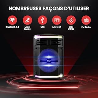 Pyle Enceinte Bluetooth Puissante-600 W, Enceinte Sono Portable, sans Fil, Eclairage LED et avec Roues, SD/USB/AUX, Karaoke Adulte, Noir