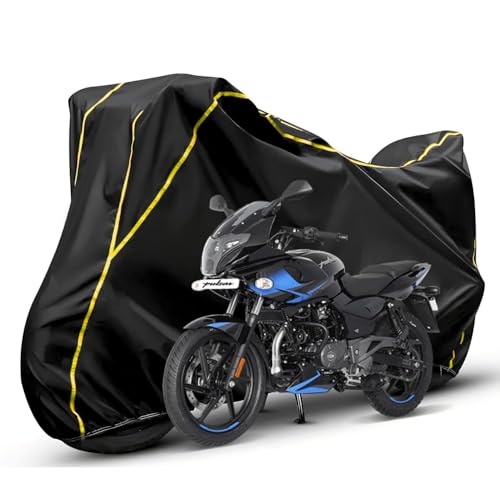 Image of Waterproof Bike Body Cover Compatible with Bajaj Pulsar 220f Dustproof Scratchproof - Motorcycle Cover for Two Wheeler, Outdoor Full Cover with UV, Duty, Rain Protection (Black & Yellow)