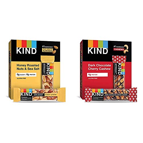 KIND Bars, Honey Roasted Nuts & Sea Salt, Gluten Free, Low Sugar, 1.4oz, 12 Count & Bars, Dark Chocolate Cherry Cashew + Antioxidants, Gluten Free, 1.4 Ounce (12 Count)