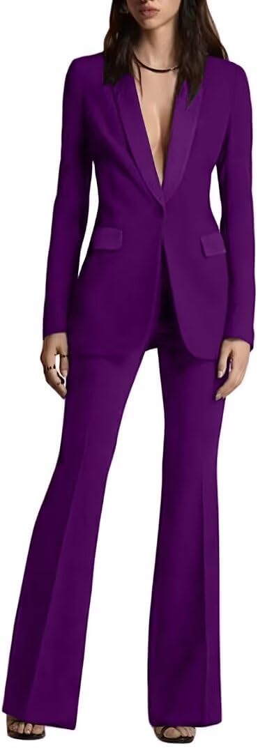 SAROULU Womens Solid Suits Set 2 Piece Business Office One Button Blazer Jacket Casual Long Sleeve Pant Suit Set