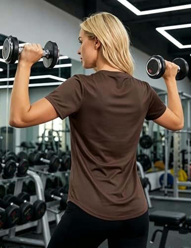 LETSEE Women's Loose Workout Tops Short Sleeve Exercise Shirt Brown — view 4